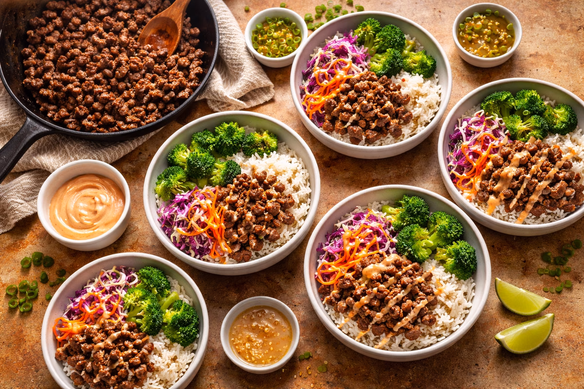Editorial hero image for a boy kibble guidebook site: several simple meal bowls with rice, browned ground meat, broccoli, slaw, sauces, and a skillet on a warm kitchen counter, realistic food photography, no readable text
