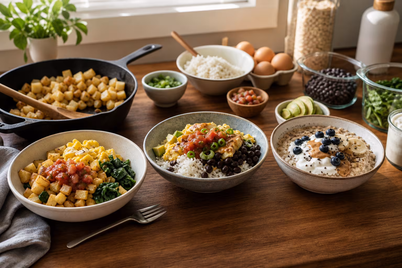 Three simple breakfast bowls with eggs, potatoes, rice, beans, oats, yogurt, fruit, greens, and a skillet on a warm kitchen counter.