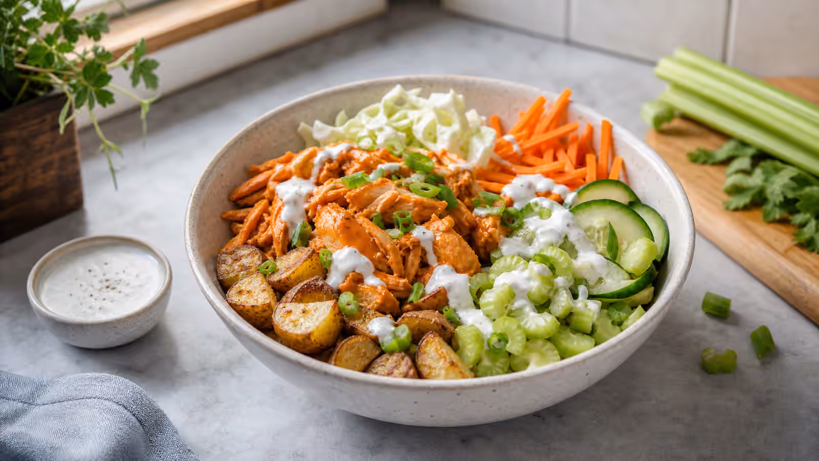 A Buffalo-style boy kibble bowl with sauced chicken, rice, celery, cucumber, cabbage, carrots, scallions, and cooling yogurt sauce.