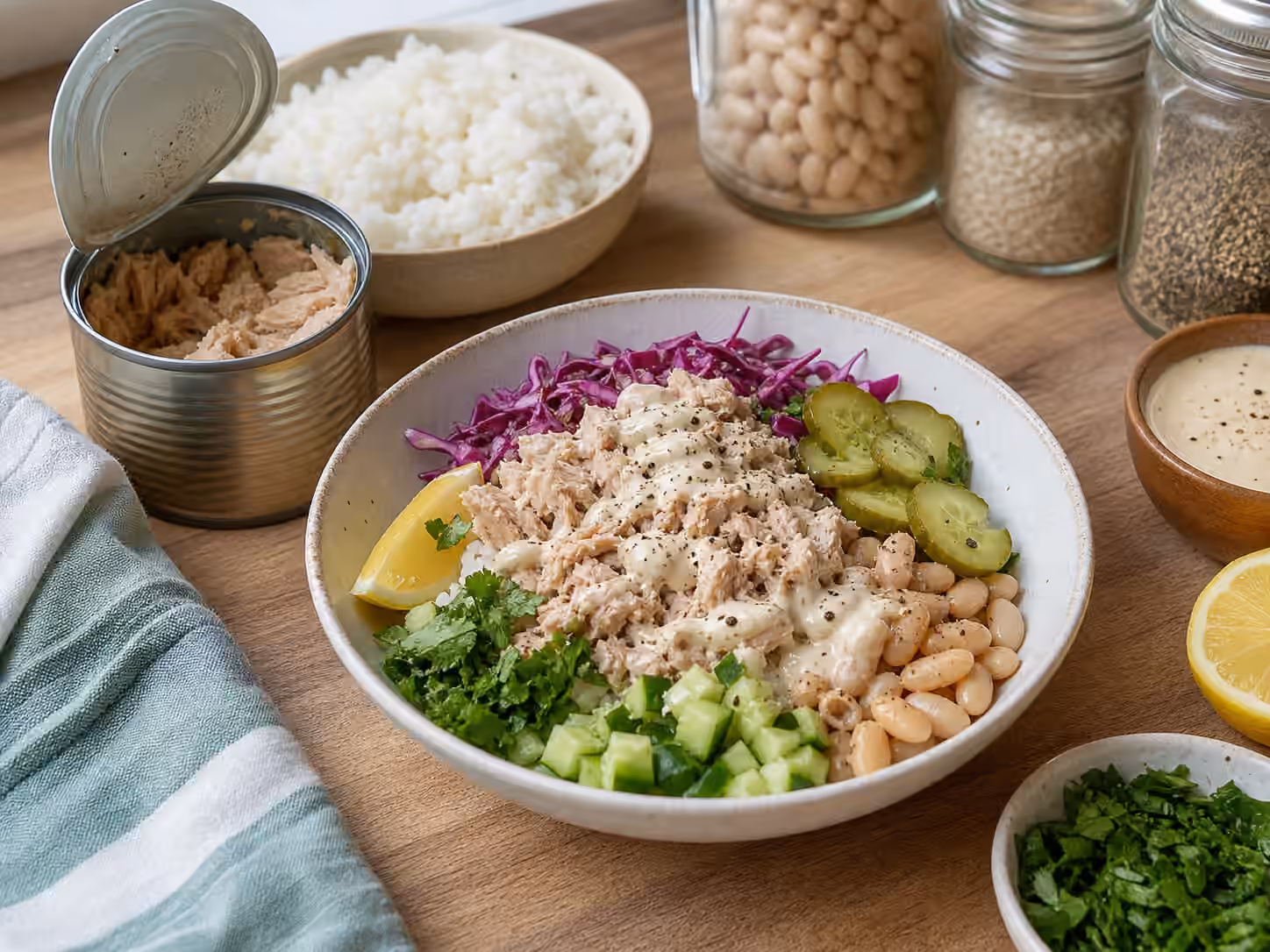 A rice bowl with canned chicken, beans, cabbage, cucumber, pickles, lemon, herbs, and creamy sauce beside pantry staples.