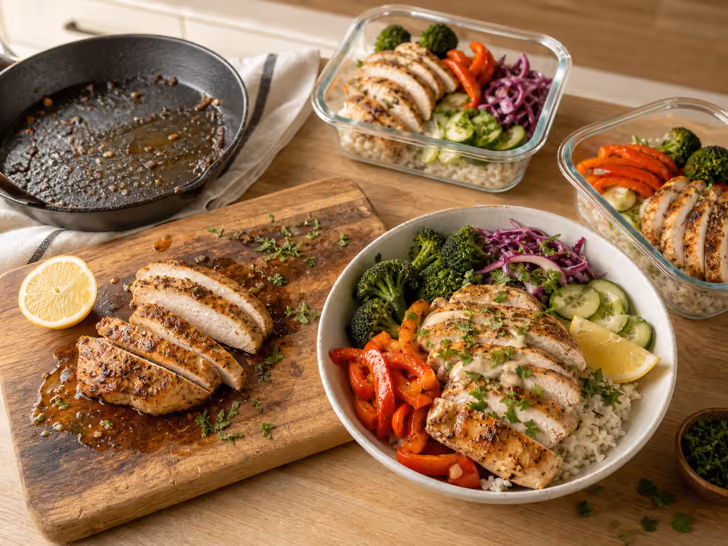 Sliced chicken breast beside rice bowls, roasted vegetables, slaw, cucumber, lemon, herbs, and sauce.