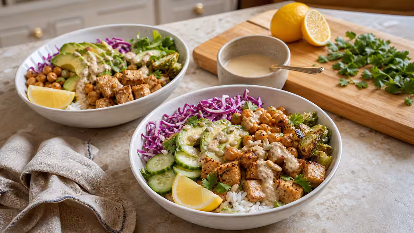 Dairy-free boy kibble bowls with rice, tofu, chickpeas, cabbage, cucumber, avocado, lemon, herbs, seeds, and a creamy tahini-style sauce.