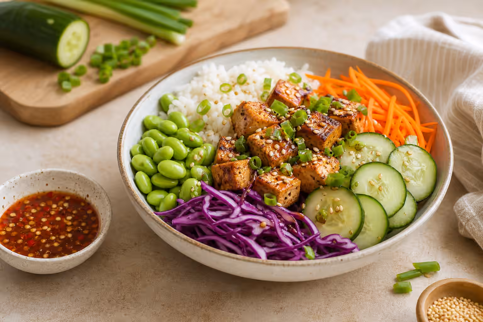 A boy kibble bowl with rice, shelled edamame, tofu, cucumber, cabbage, carrots, sesame, scallions, and chili-lime sauce.