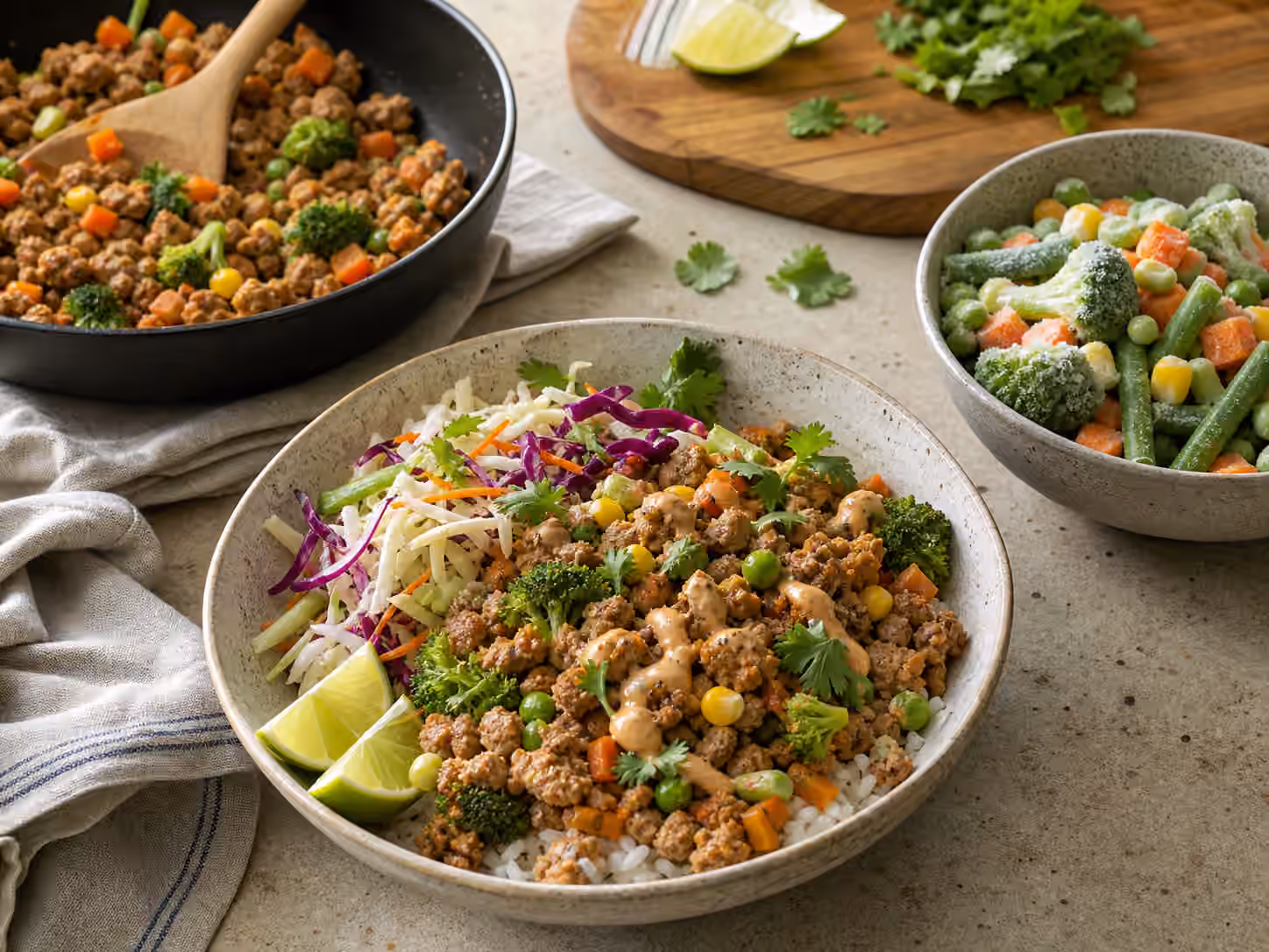 A rice bowl with browned protein, slaw, sauce, herbs, and frozen vegetables beside a skillet.