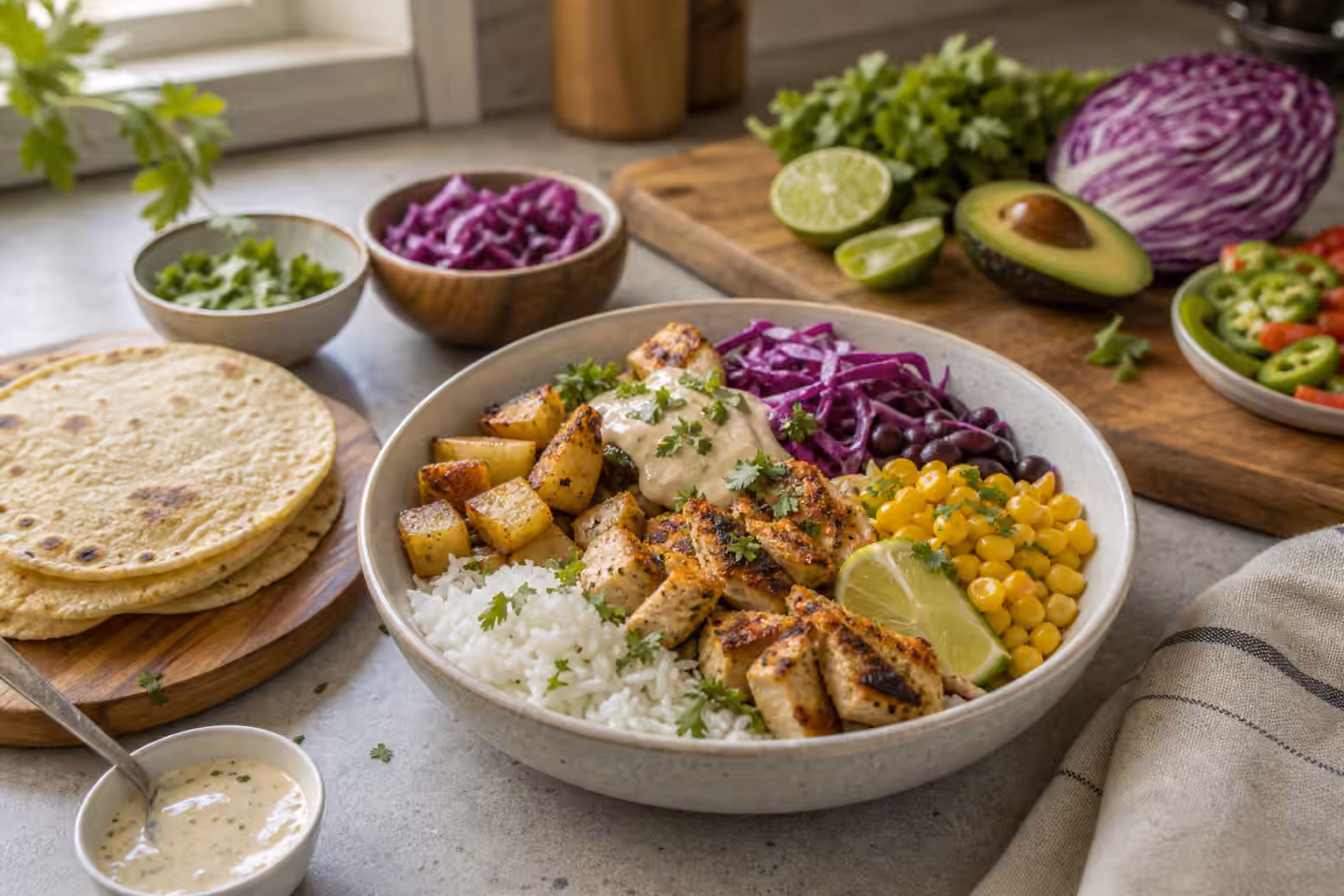A gluten-free boy kibble setup with rice, roasted potatoes, corn tortillas, chicken, beans, vegetables, lime, herbs, and sauce.