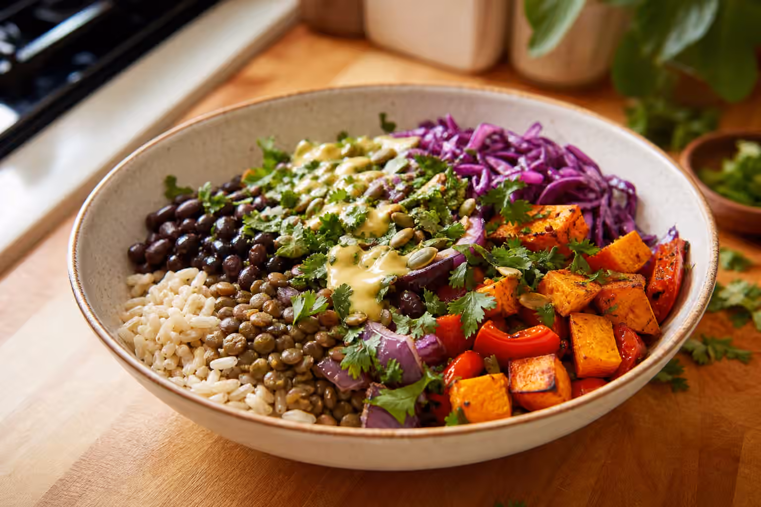 A boy kibble bowl with rice, lentils, black beans, roasted vegetables, cabbage, herbs, seeds, and bright sauce.