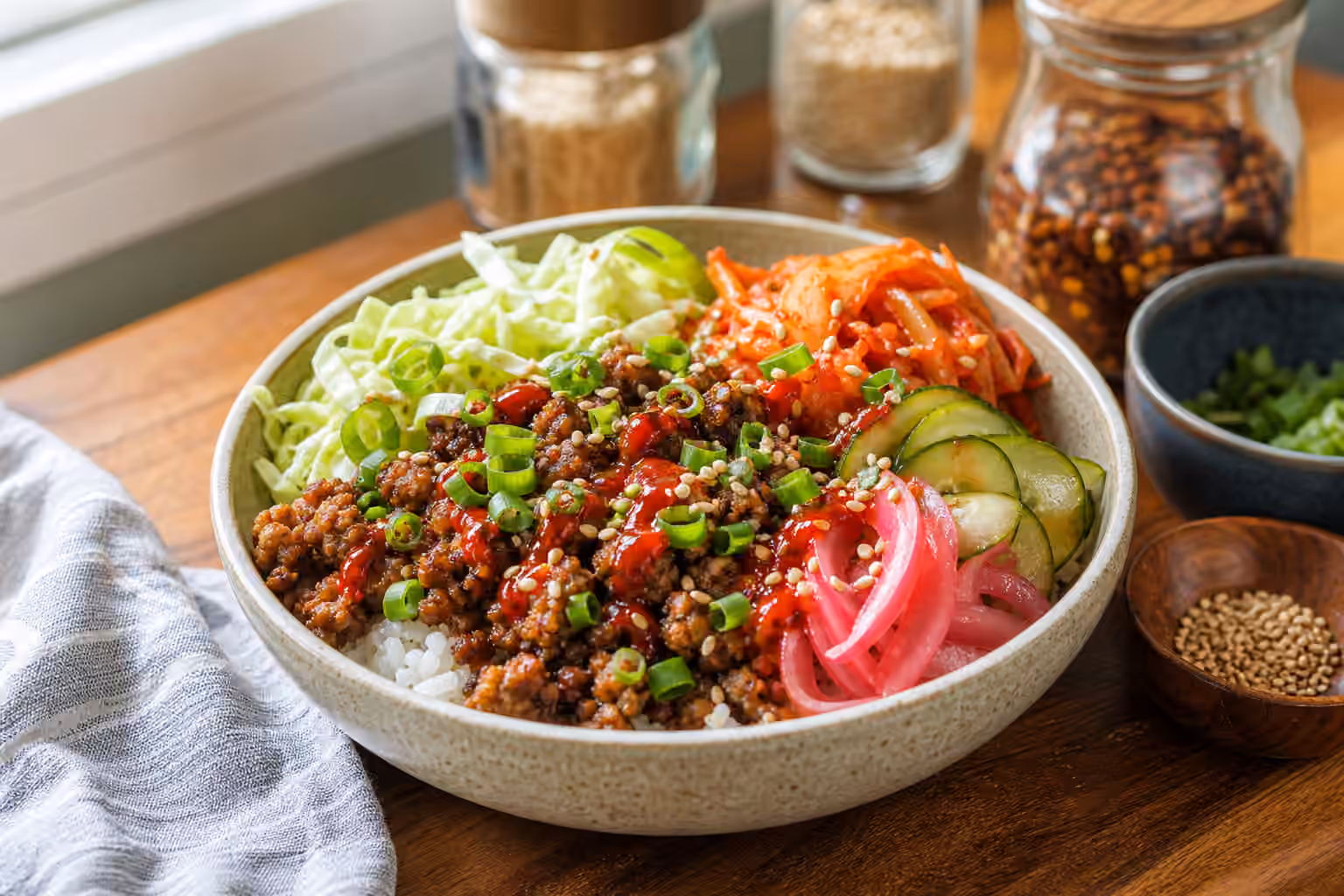 A boy kibble bowl with rice, browned protein, kimchi, cucumber pickles, pickled onions, cabbage, scallions, and chili sauce.