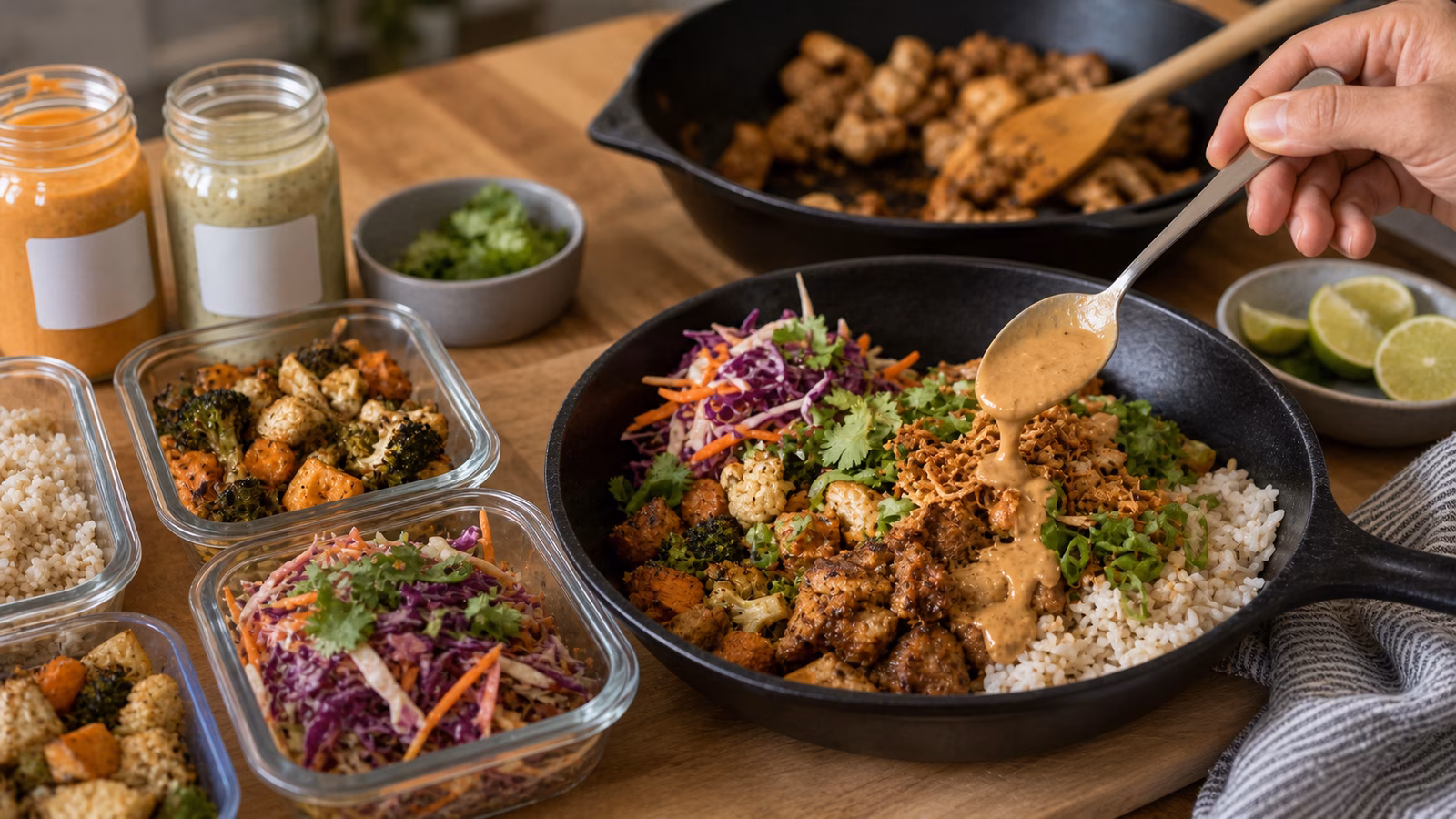 A practical kitchen counter with rice, roasted vegetables, slaw, blank-labeled sauces, storage containers, and a skillet bowl being finished with sauce.