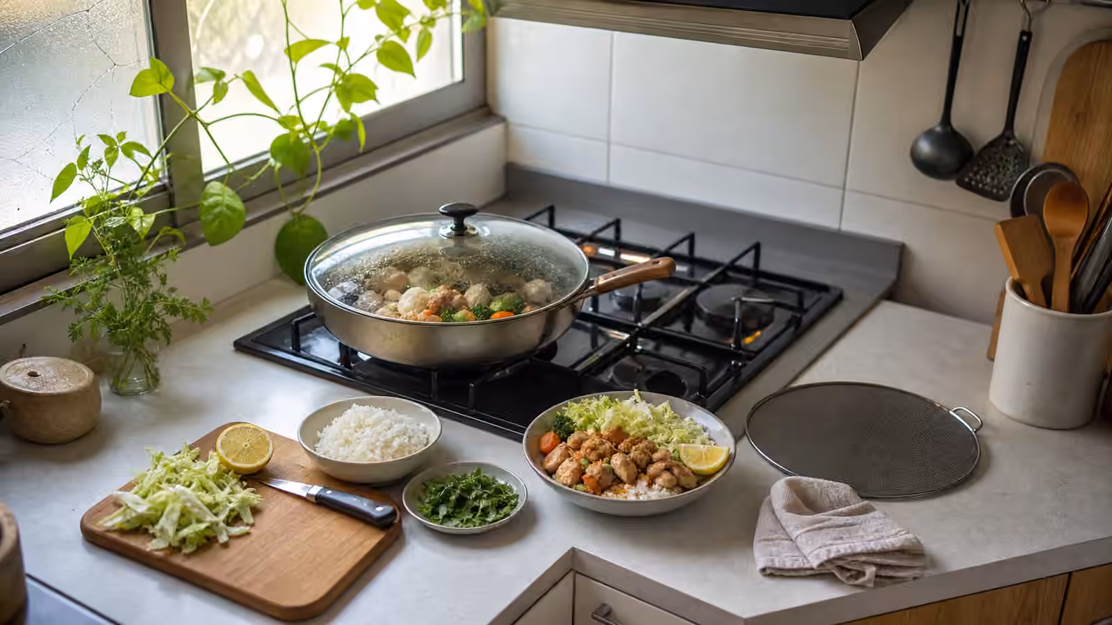 A compact apartment kitchen with a covered skillet, rice, cabbage, herbs, lemon, a finished boy kibble bowl, a vent hood, and a splatter screen.