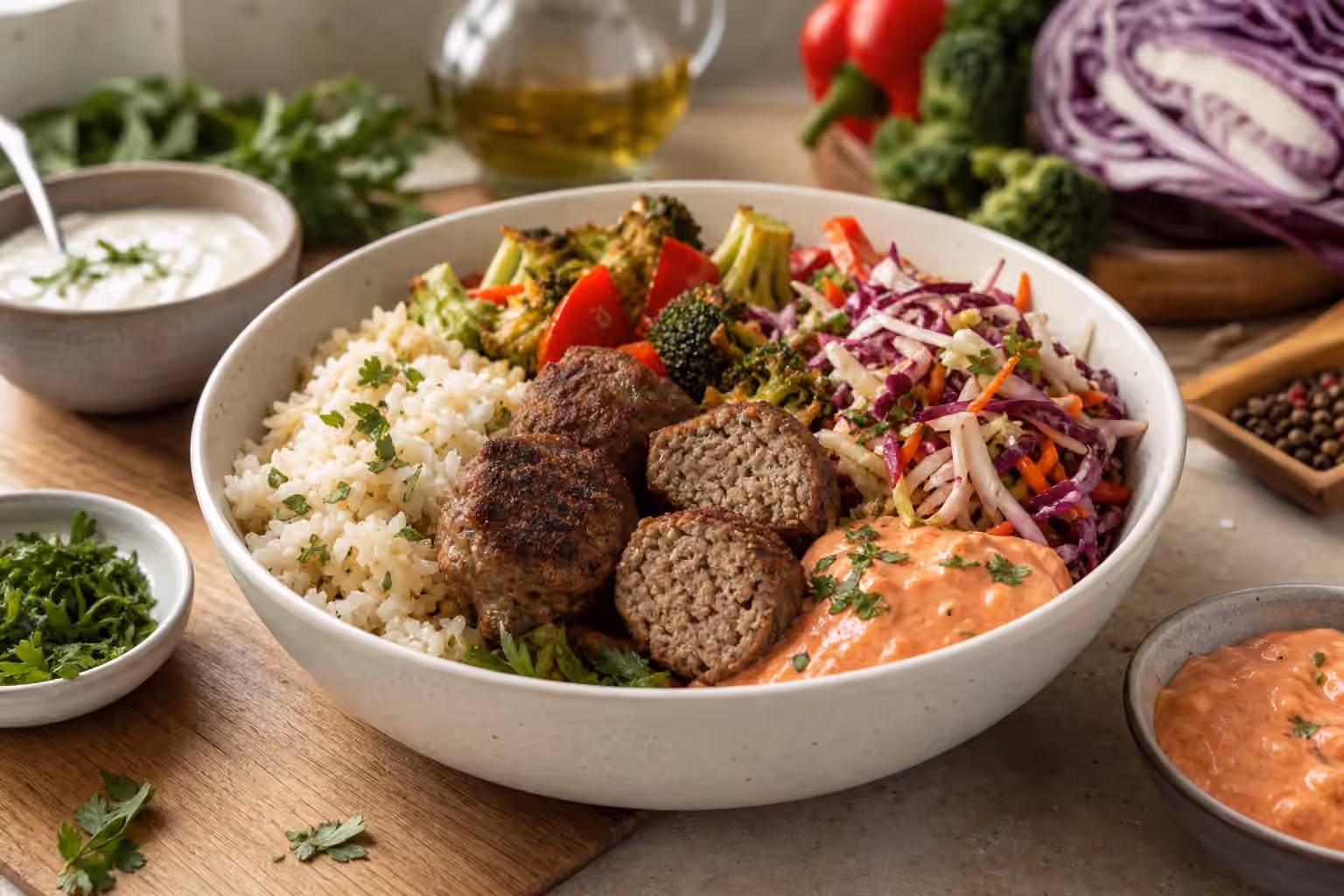 A boy kibble bowl with browned meatballs, rice, roasted vegetables, slaw, herbs, and tomato yogurt sauce.
