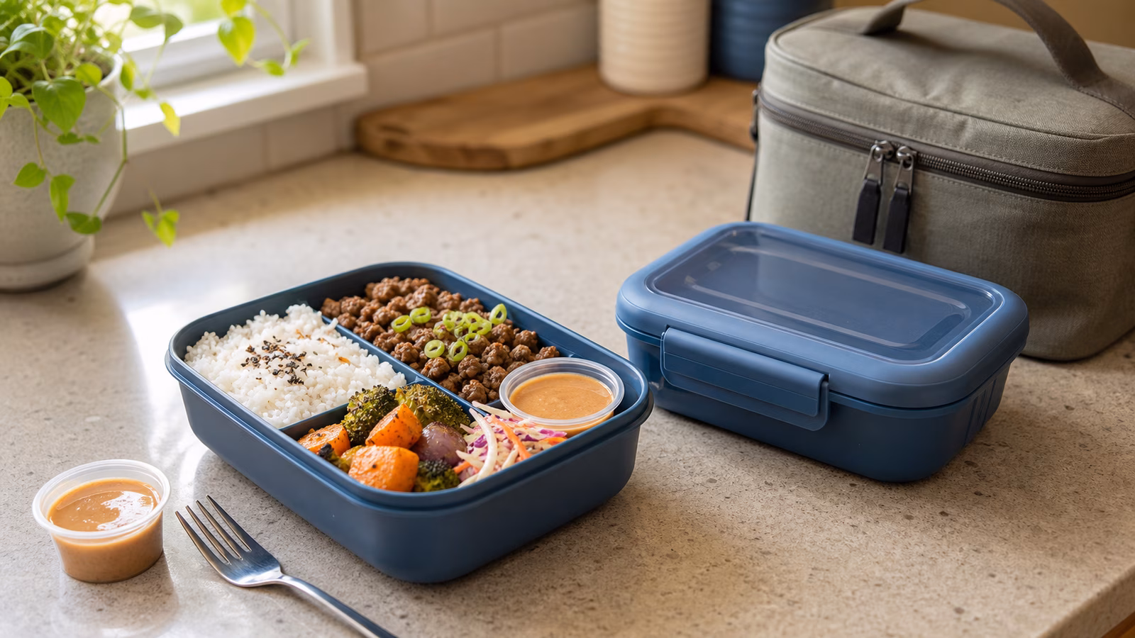 Packable boy kibble lunches with rice, browned protein, vegetables, slaw, sauce cups, reusable containers, and a lunch bag on a kitchen counter.