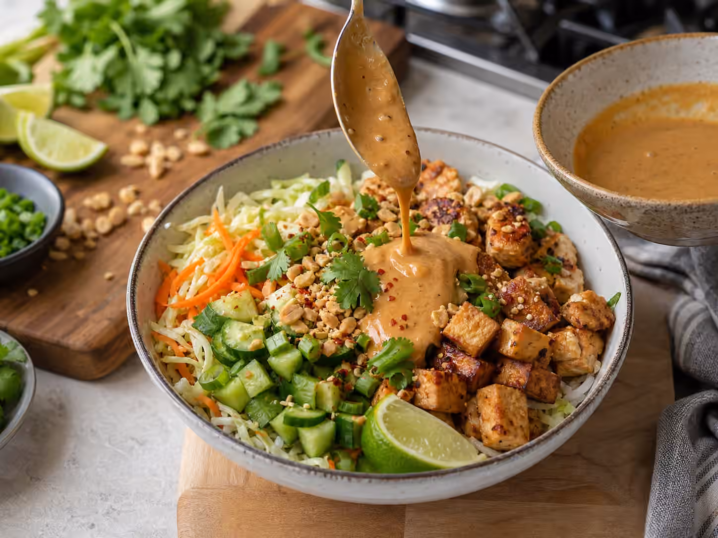 A rice bowl with tofu, chicken, cabbage, cucumber, carrots, herbs, peanuts, lime, and peanut-lime sauce.