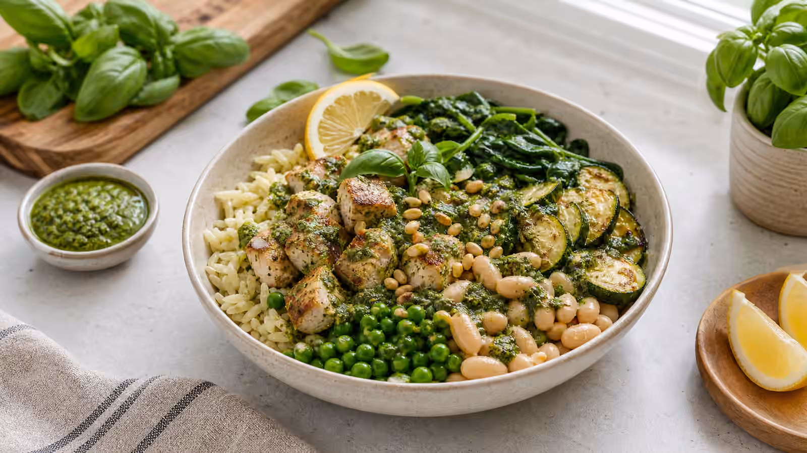 A pesto-style boy kibble bowl with grains, chicken or beans, zucchini, peas, spinach, lemon, toasted seeds, and green herb sauce.