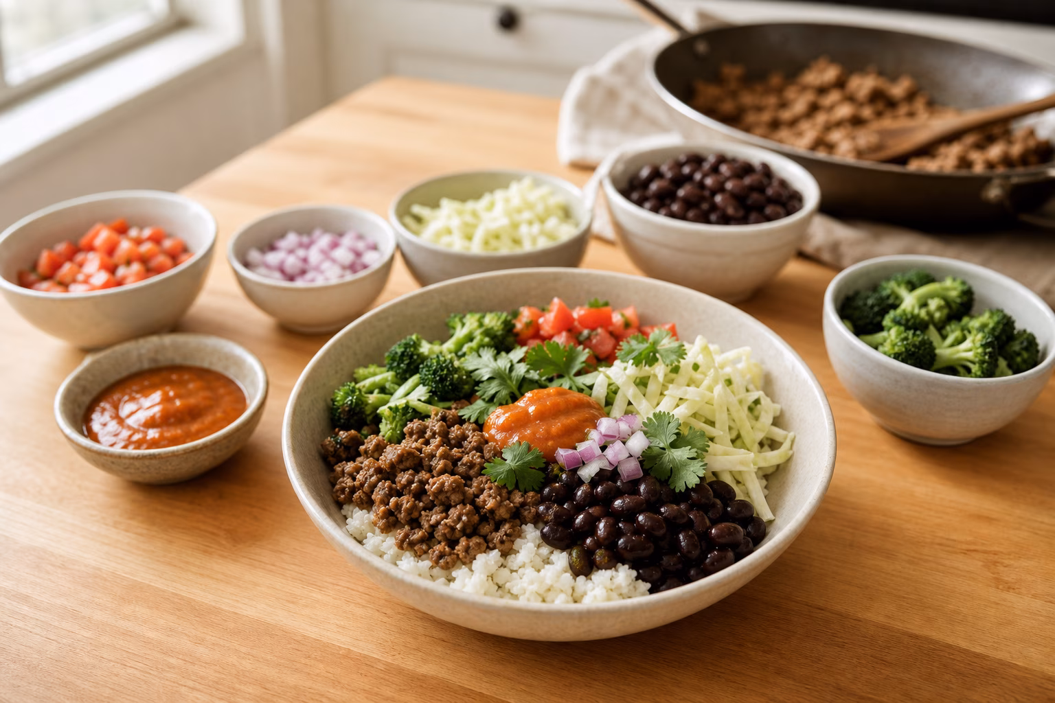 A practical boy kibble bowl with rice, browned meat, beans, broccoli, cabbage, sauce, herbs, and simple portion components on a kitchen counter