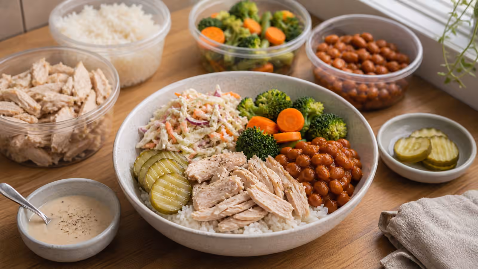 A prepared-grocery boy kibble setup with rice, sliced chicken, beans, steamed vegetables, slaw, pickles, and a finished bowl.