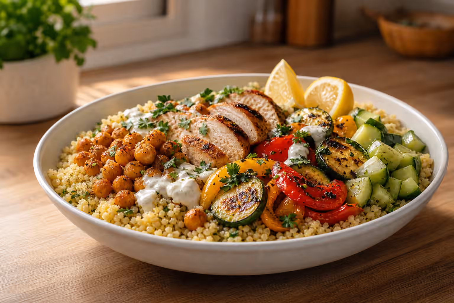 A boy kibble bowl with fluffy couscous, chickpeas, chicken, roasted vegetables, cucumber, herbs, lemon, and yogurt sauce.