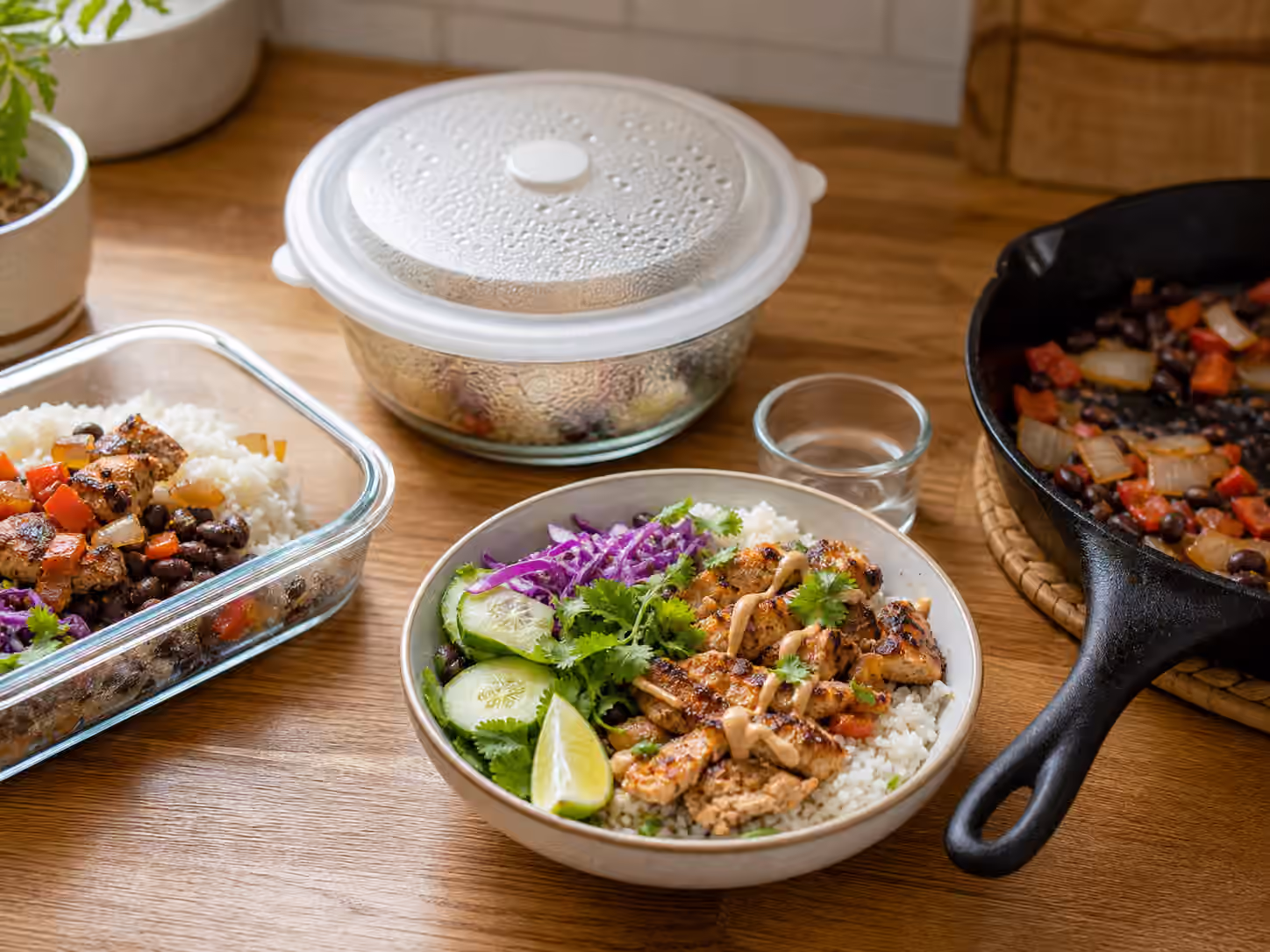 A reheated rice bowl with chicken, beans, vegetables, slaw, sauce, and meal-prep containers on a kitchen counter.