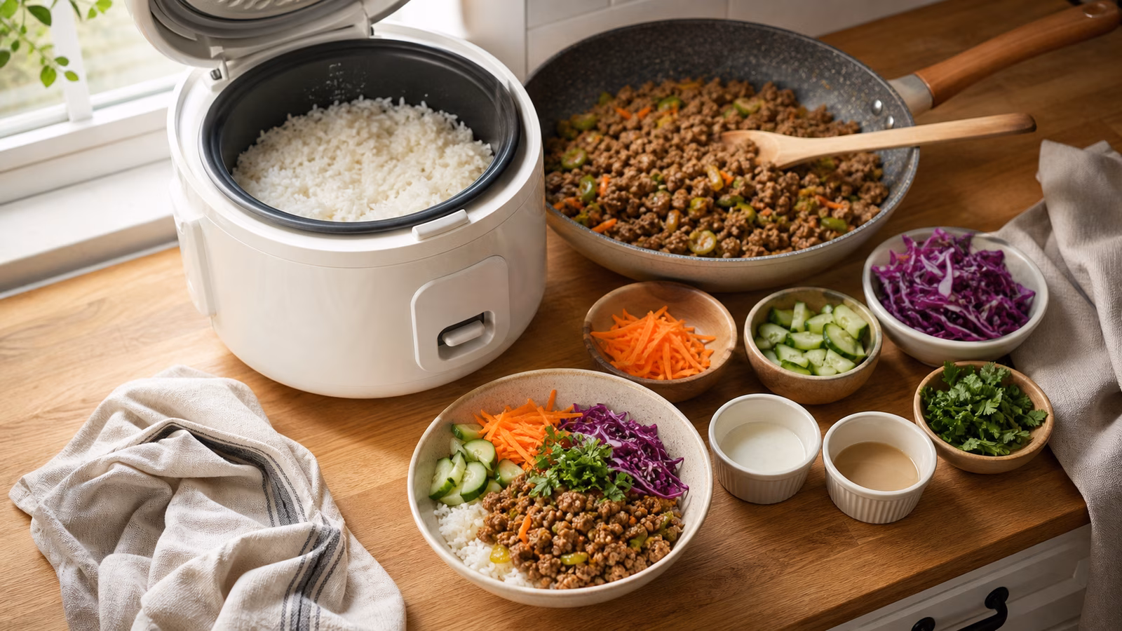 An open rice cooker with rice, browned protein, fresh vegetables, herbs, sauce cups, and a finished boy kibble bowl