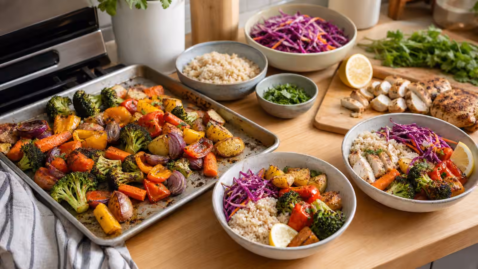 A sheet pan of roasted broccoli, peppers, carrots, potatoes, and onions beside rice bowls, slaw, herbs, and cooked chicken.