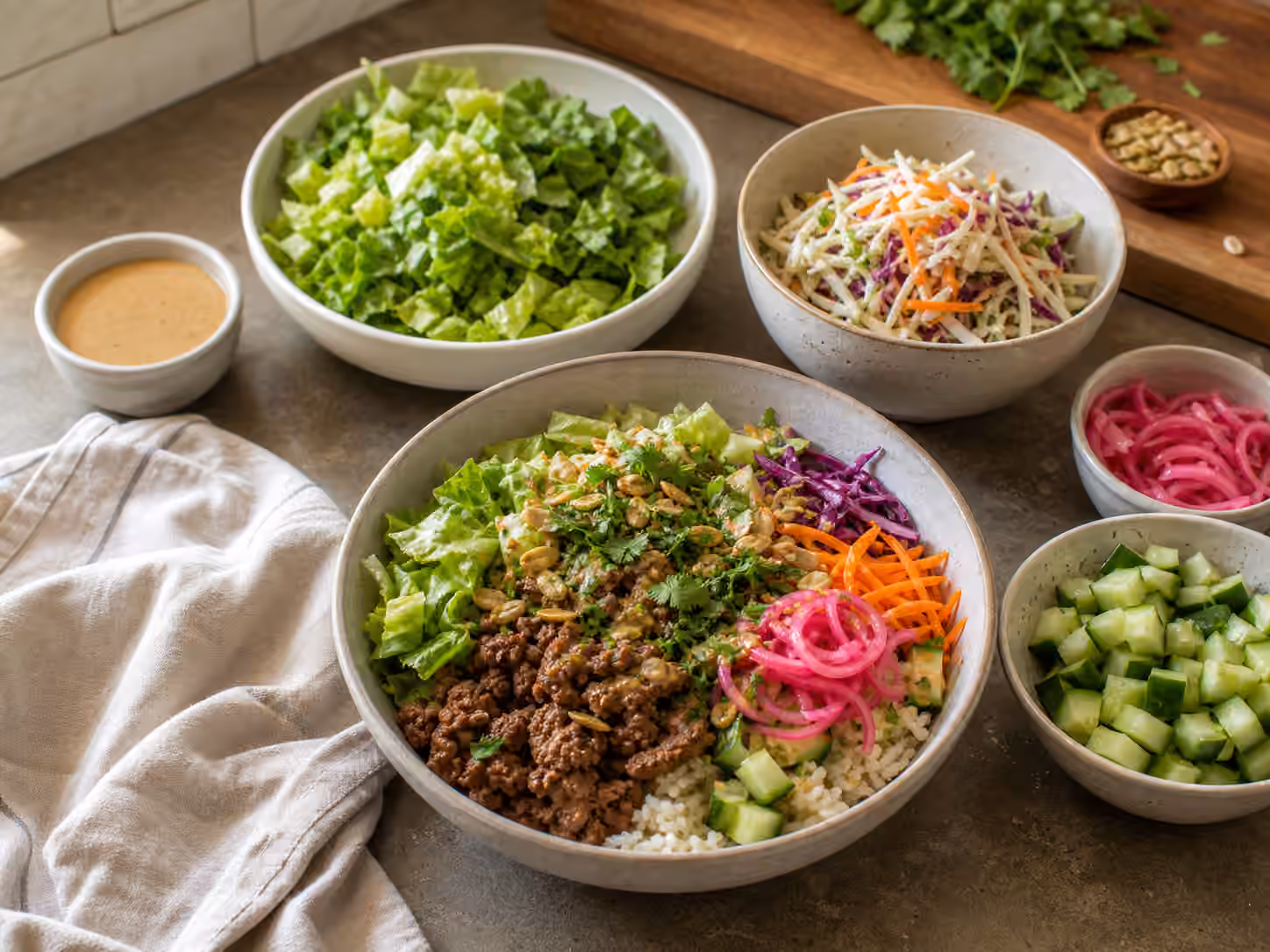 A rice bowl with browned meat, chopped greens, cabbage, cucumber, pickled onions, seeds, herbs, and dressing.