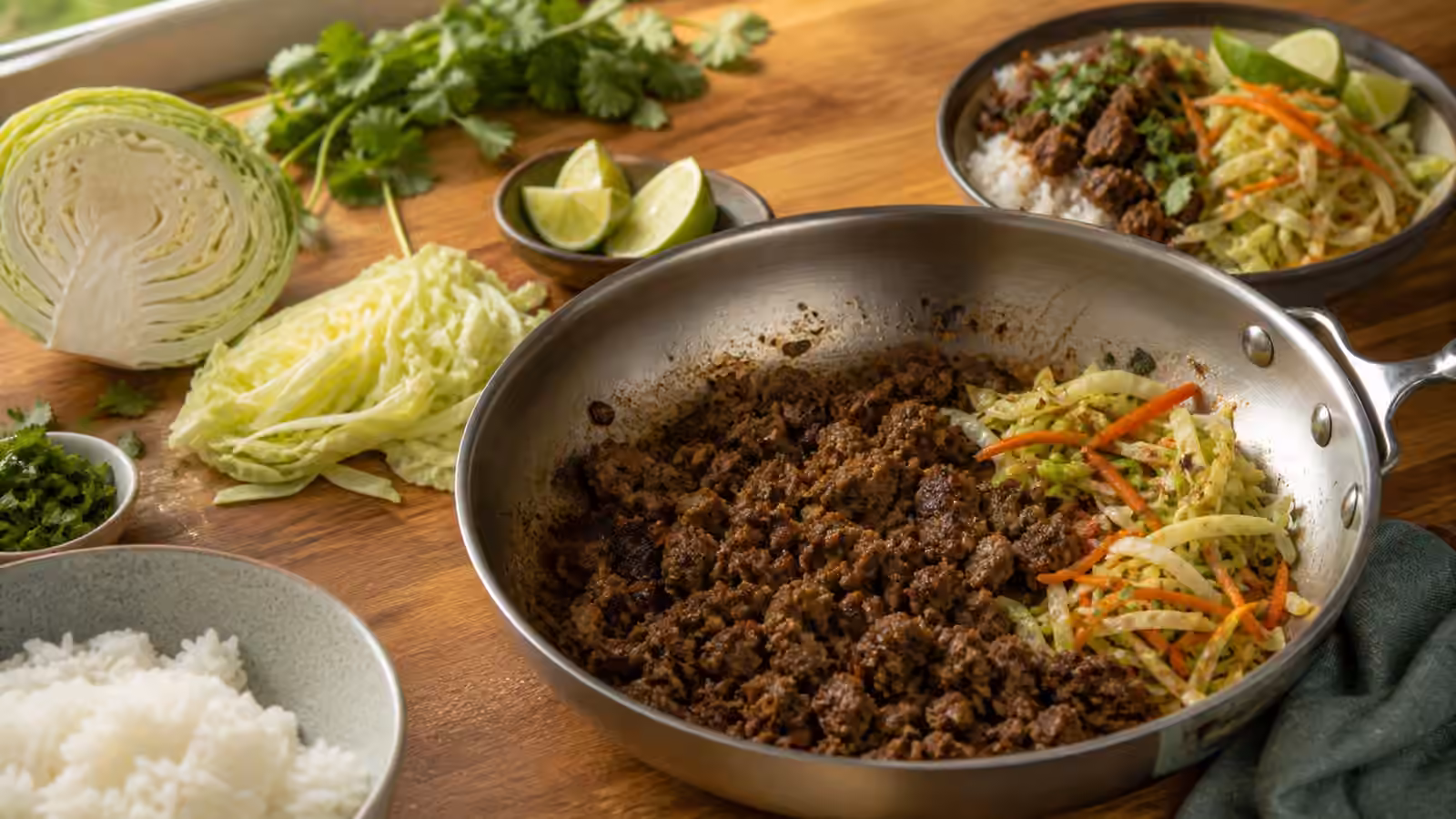 A skillet with browned ground meat, cabbage, rice, herbs, lime, and a finished boy kibble bowl on a warm kitchen counter.