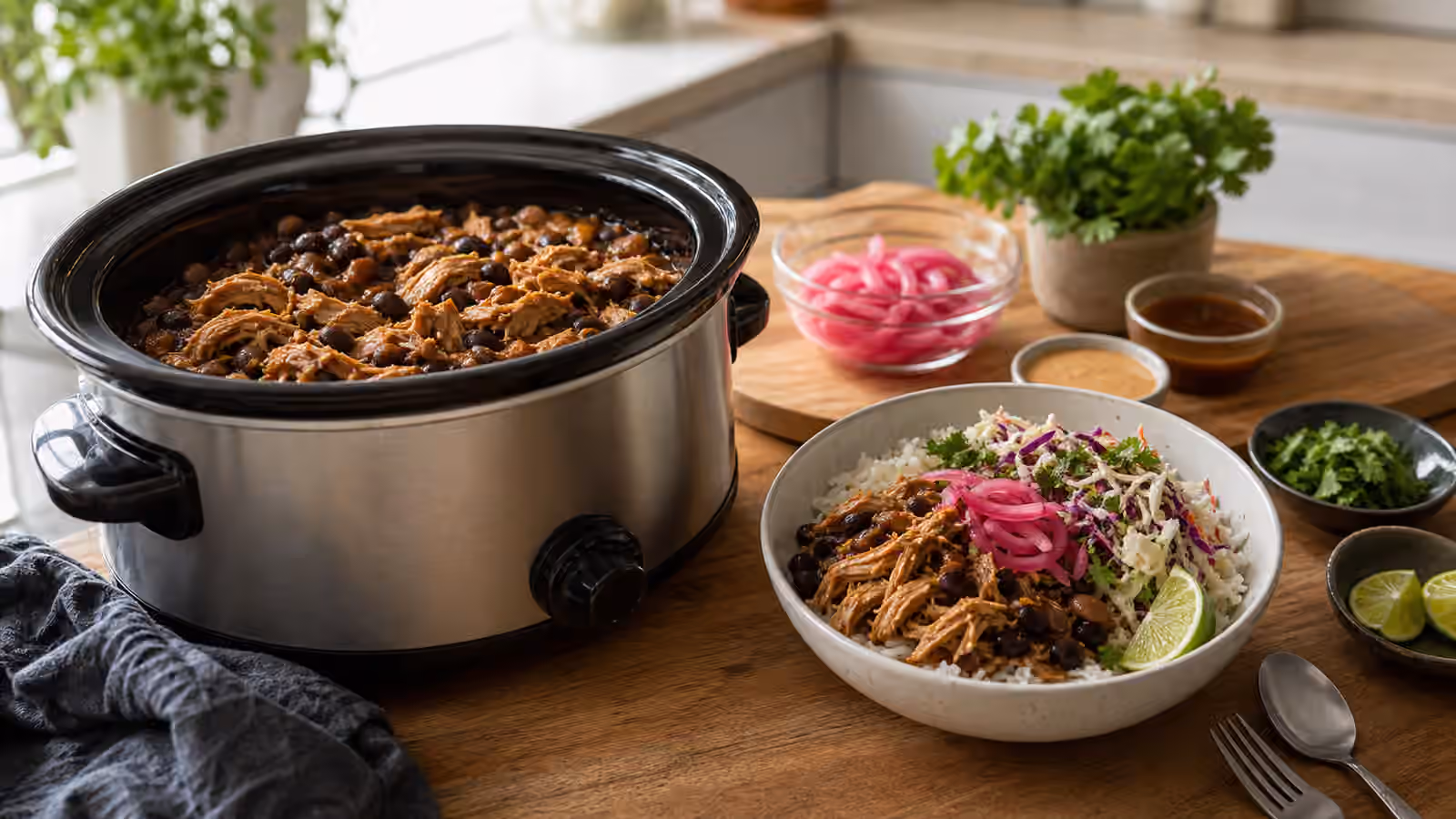 A slow cooker with shredded chicken and beans beside a finished boy kibble rice bowl with slaw, herbs, pickled onions, and sauce cups.