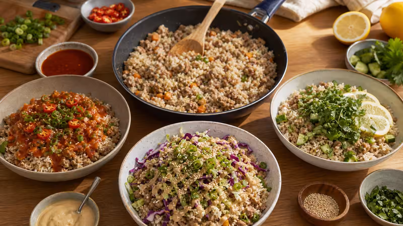 A neutral boy kibble skillet base surrounded by three different finished rice bowls with red sauce, herbs, cabbage, sesame, cucumber, and lemon.