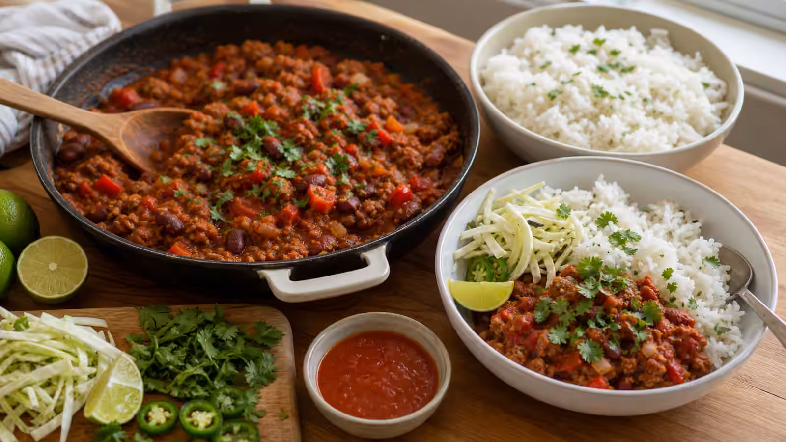 A tomato-chili boy kibble skillet with beans, ground meat, peppers, herbs, rice, cabbage, lime, and a finished bowl.