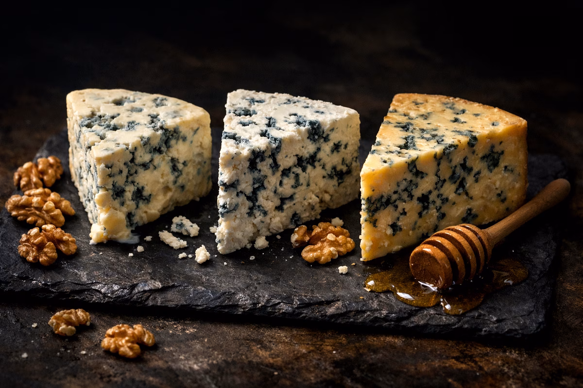 Three blue cheese wedges on a slate board: creamy Gorgonzola, crumbly Roquefort, and classic Stilton, showing distinctive blue-green veining, with walnuts and honey dipper, dramatic lighting, realistic food photography