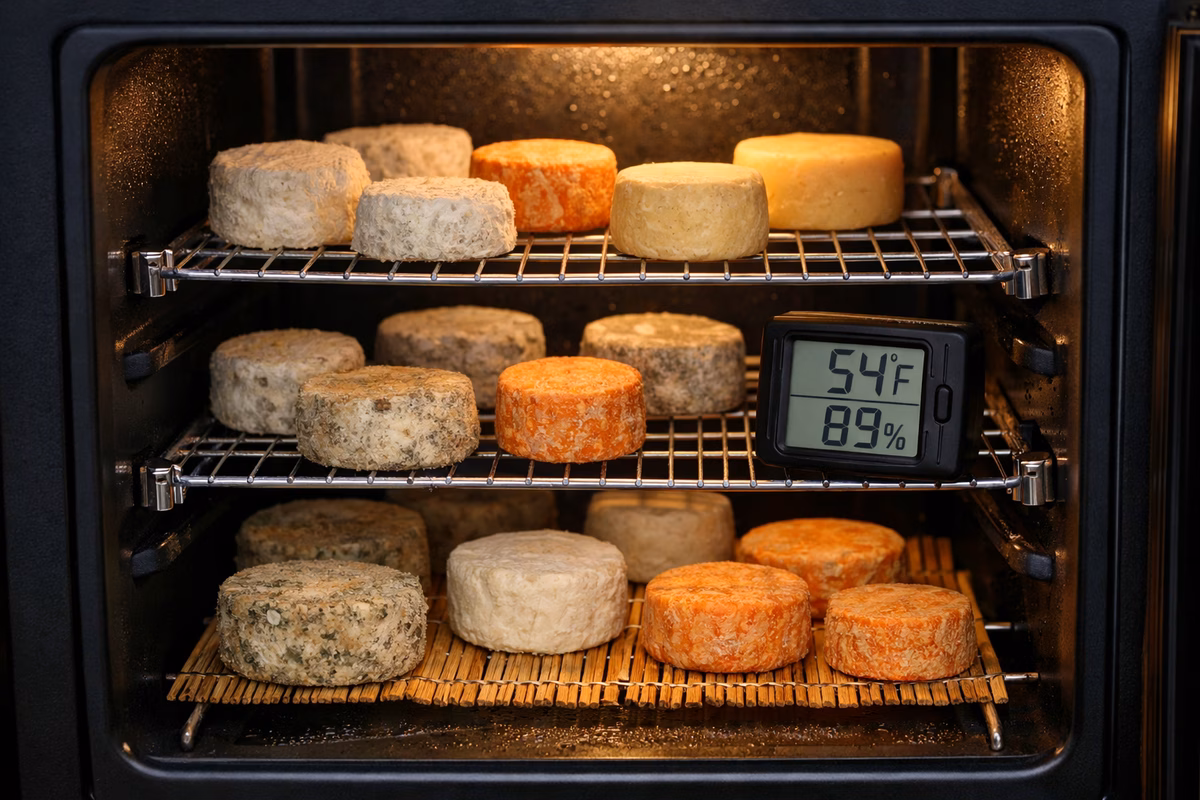 Home cheese-aging setup with small wheels, shelves, and a visible humidity gauge.