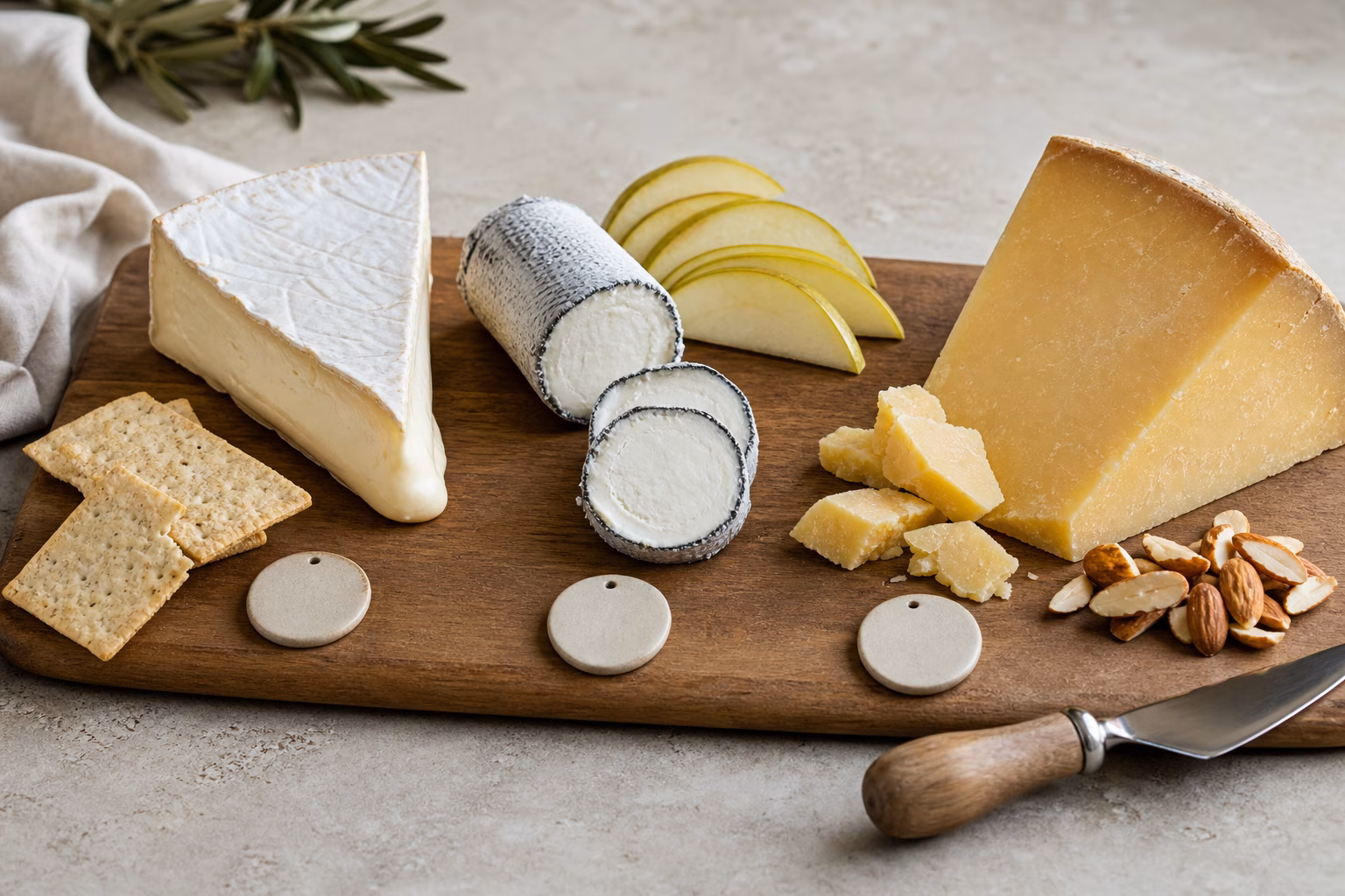 Cow, goat, and sheep milk cheeses arranged as a simple tasting board with crackers, pear, almonds, and blank ceramic markers