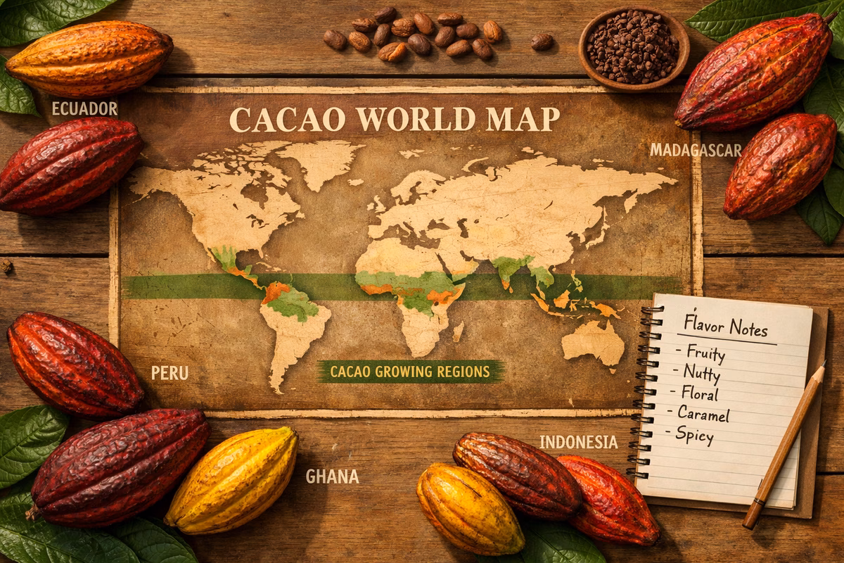 A cacao world map with highlighted growing regions, cacao pods from different origins arranged around the edges with country labels, a simple notebook with flavor notes, warm natural light, realistic flat lay photography