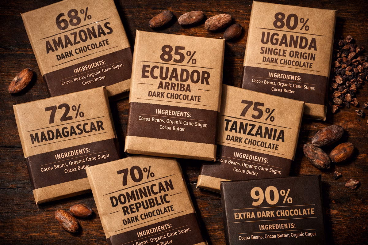 Chocolate bar packaging flat lay: several craft chocolate bars showing different percentages and origins, with visible ingredient lists and origin labels, on a dark wood surface, soft directional lighting, realistic product photography