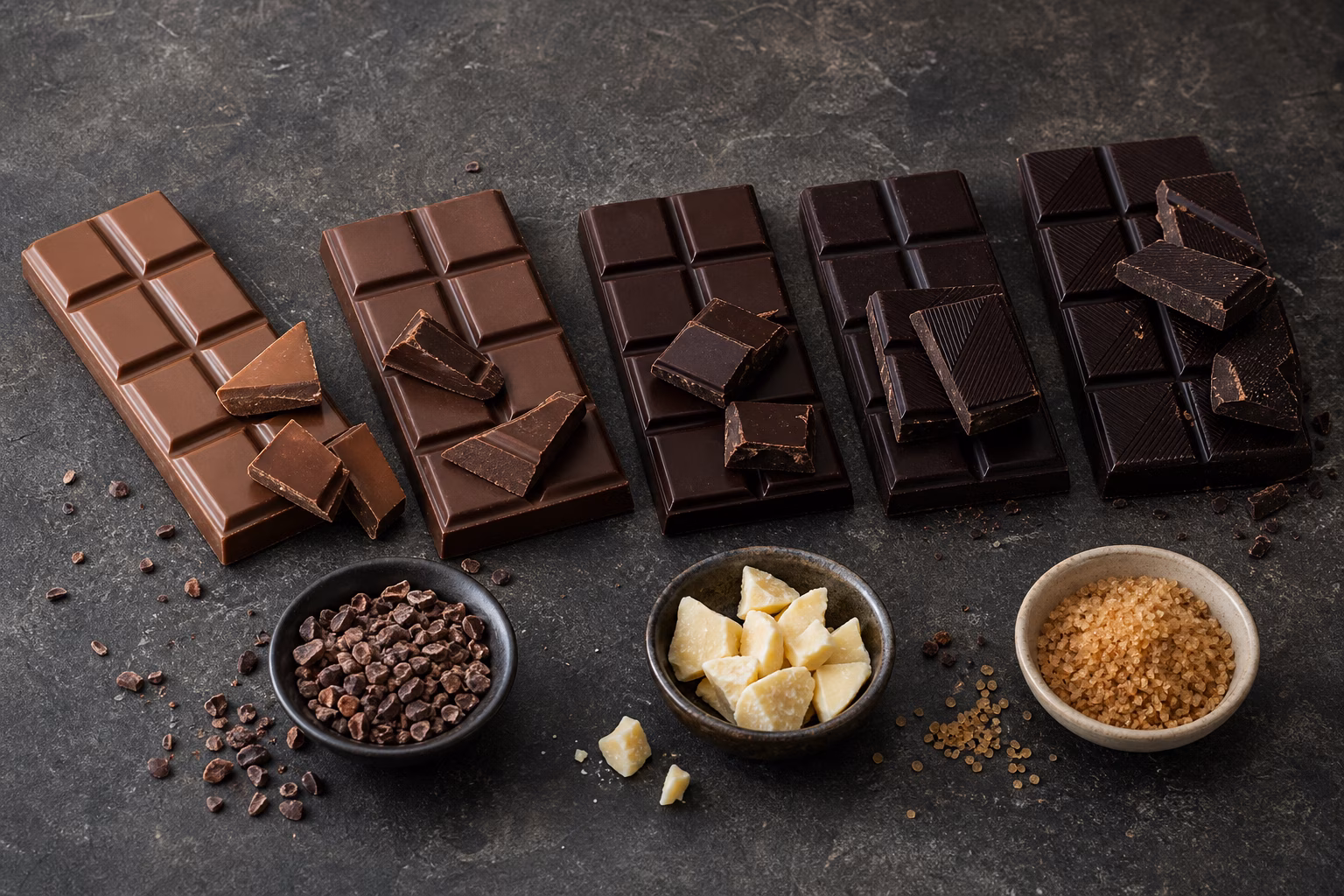 A tasting flight of milk to dark chocolate bars with cacao nibs, cocoa butter, and sugar