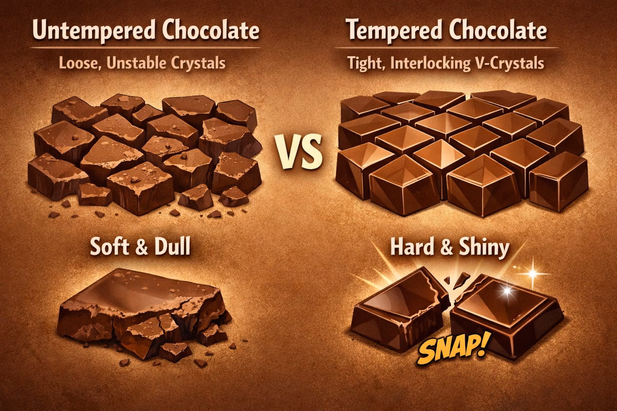 Illustration of chocolate crystal structures: unstable, loose crystals (untempered) vs tight, interlocking V-crystals (tempered), showing why tempered chocolate snaps and shines