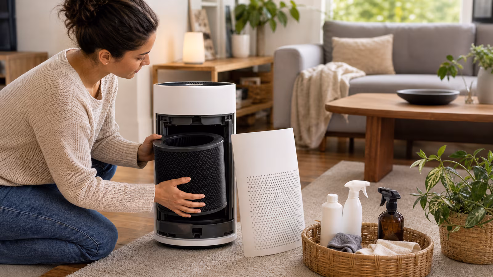A shelf with a thick carbon filter, open cleaning-product bin being removed, window, and purifier in a neutral room.
