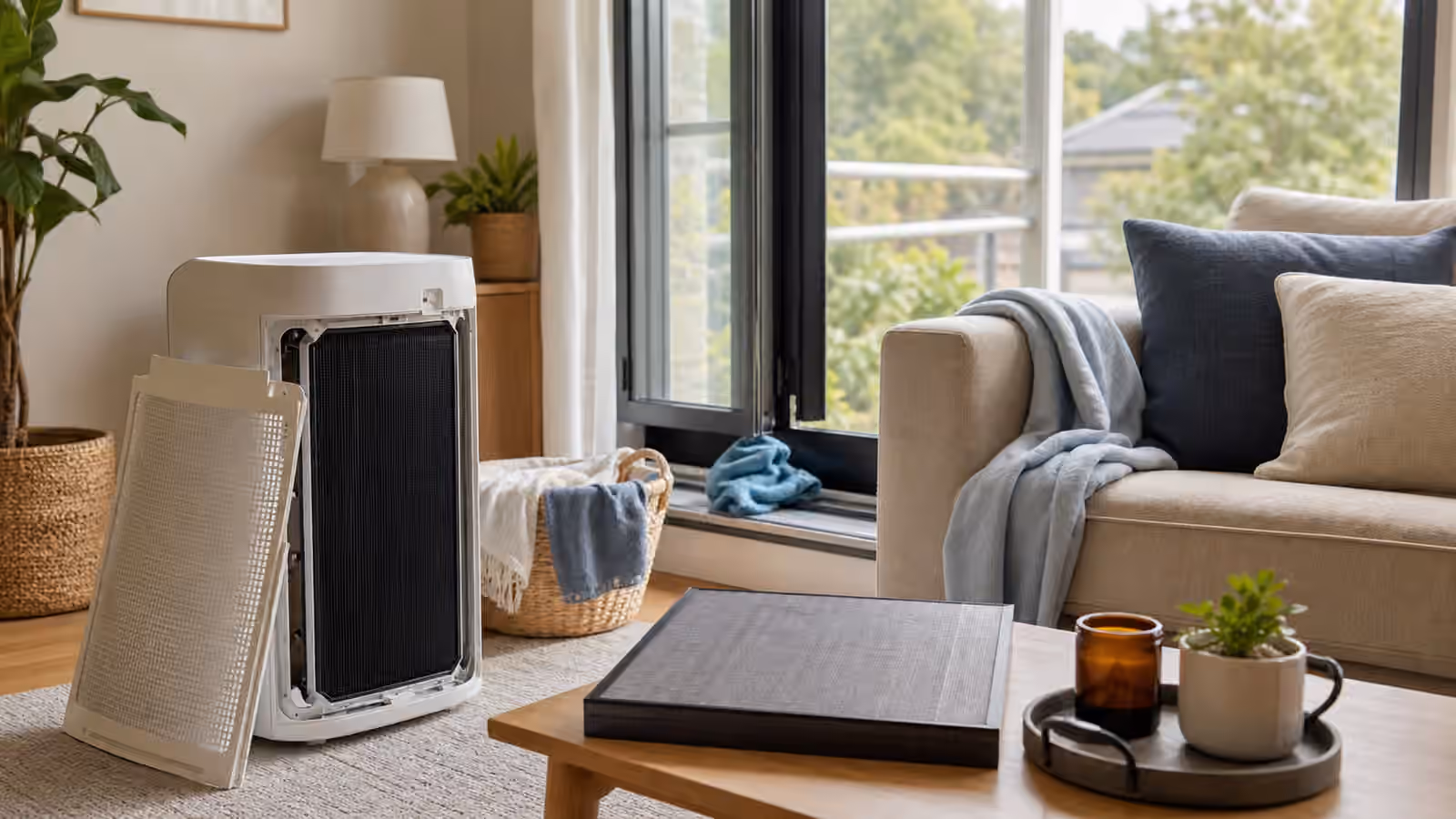 A living room reset scene with an open air purifier, spare filter, damp cloth, and window track.