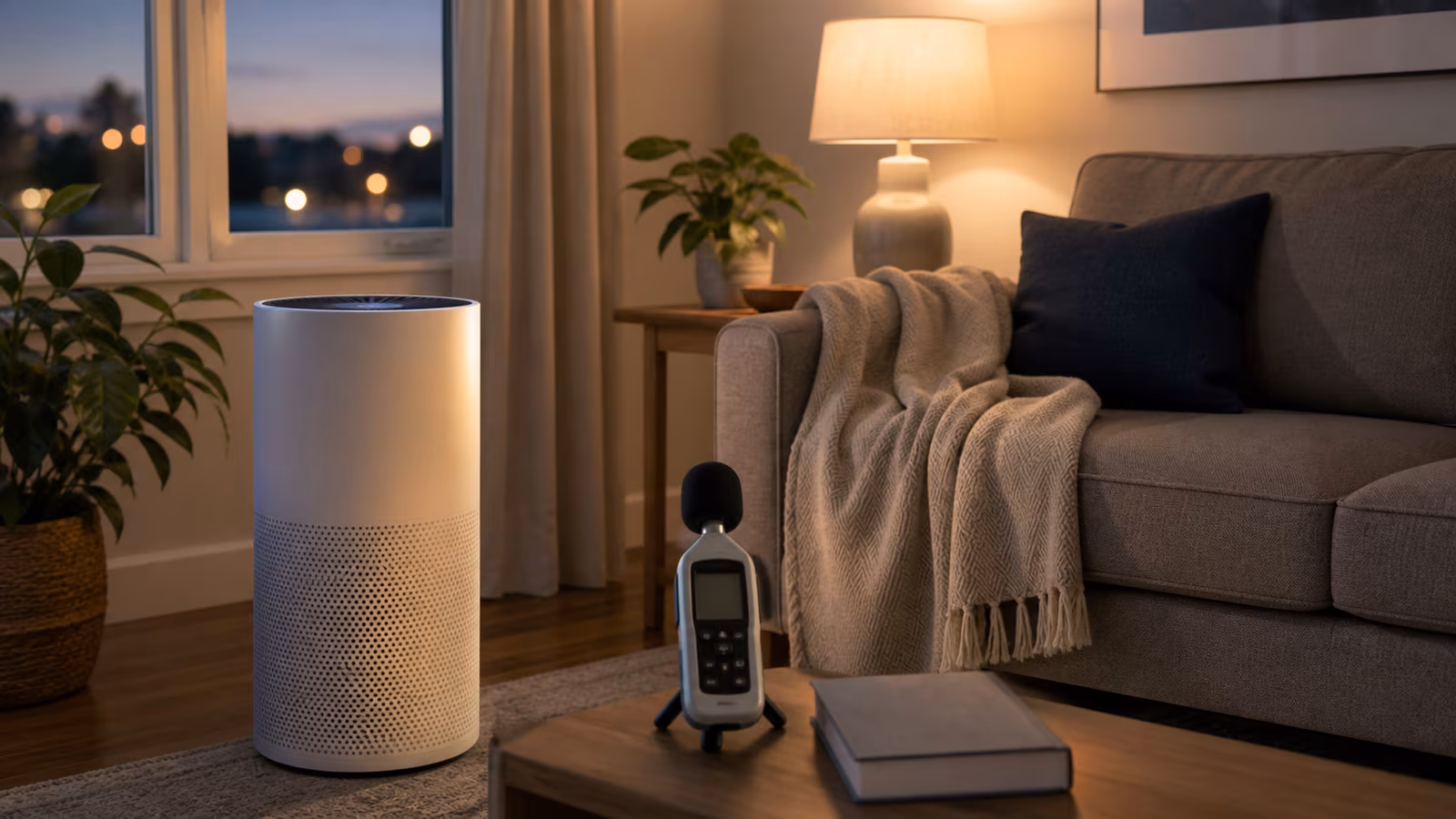 A nightstand with purifier remote, sleep mask, sound meter icon as abstract object, and schedule cards with no readable text.
