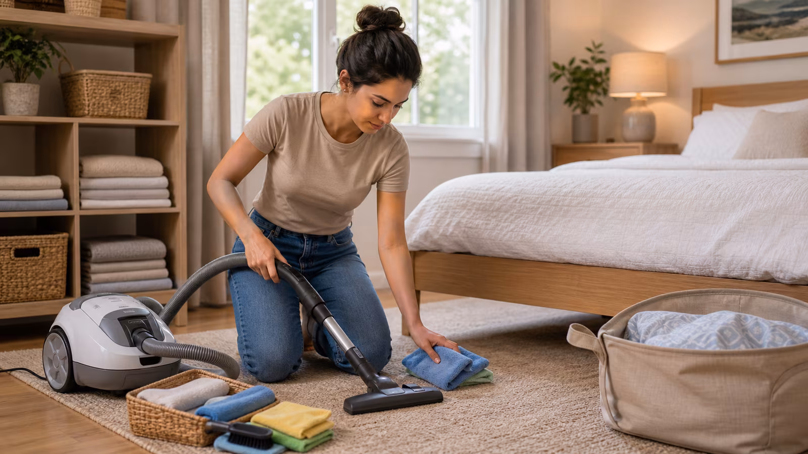 A calm cleaning station with bedding, vacuum, pet brush, pollen shoes tray, purifier, and no medicine imagery.