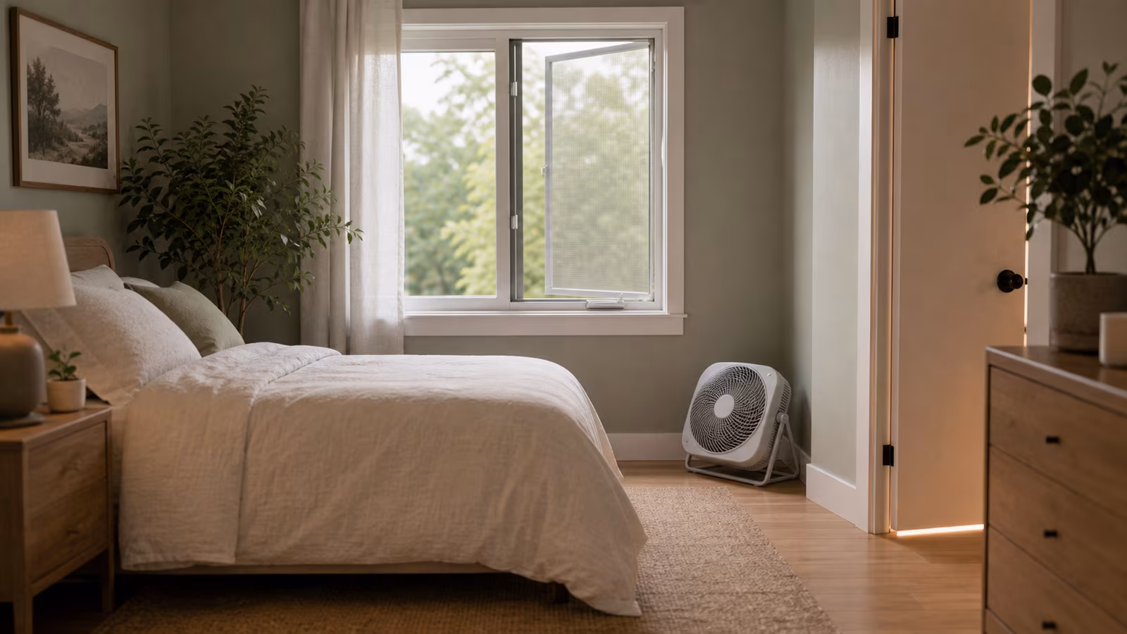 A quiet bedroom with door cracked, small monitor on dresser, purifier near bed but not blowing at face, and covered bedding.