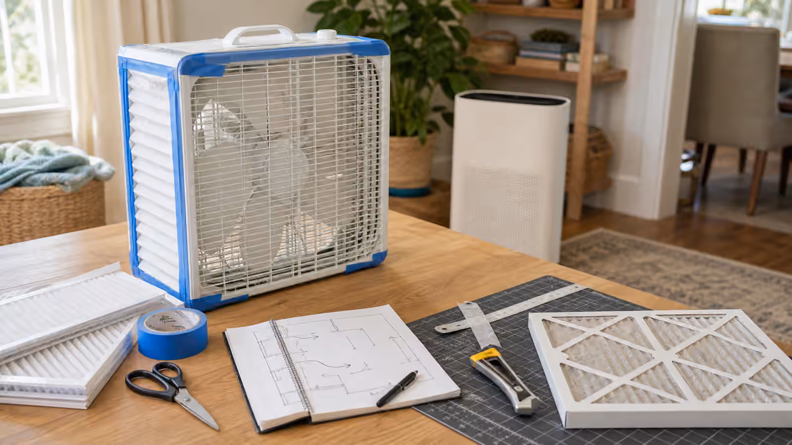 A box fan filter build on a table with pleated filters, tape, a room sketch, and an air purifier nearby.