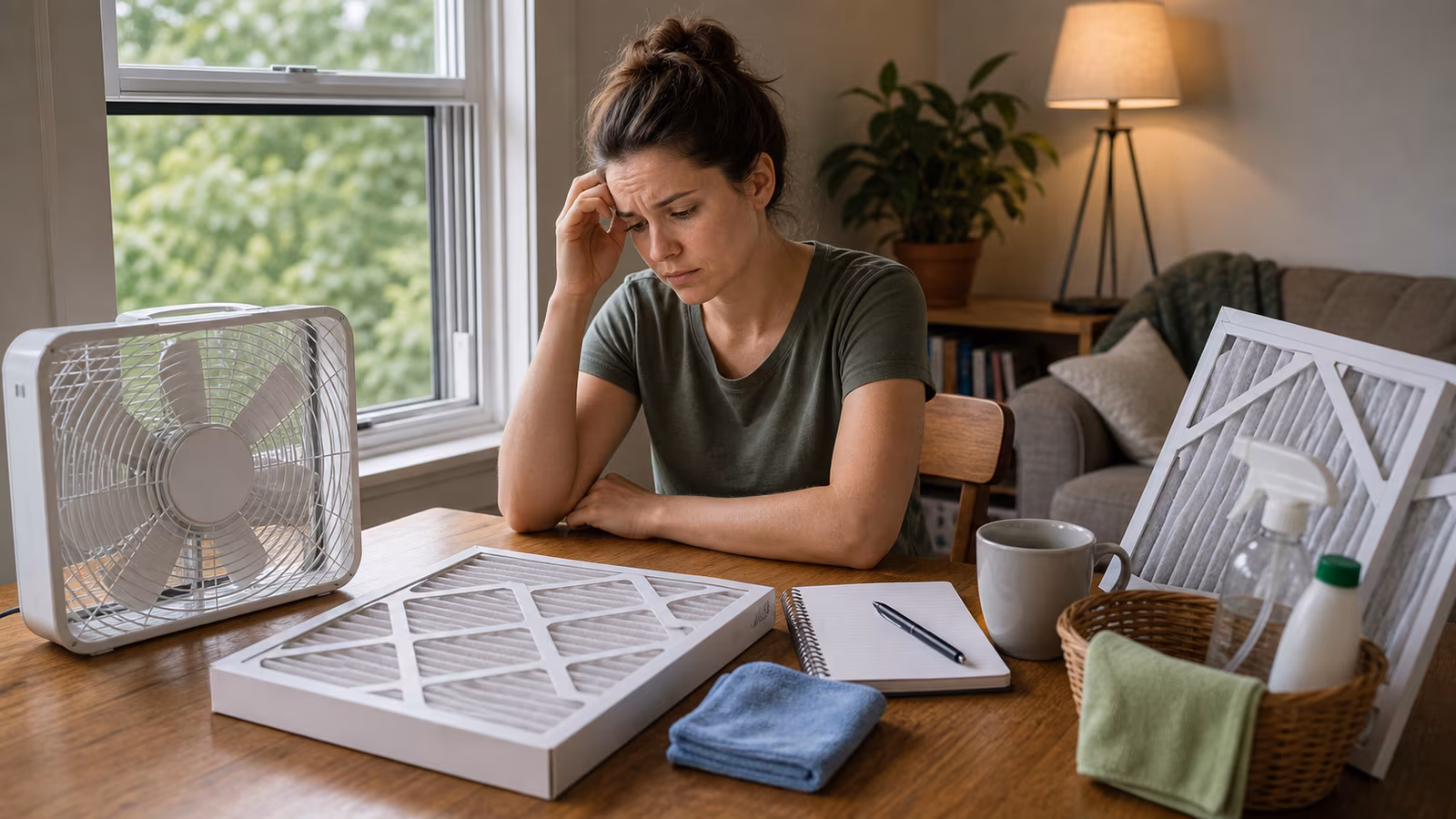 A budget planning desk with one purifier, replacement filter, washable mat, microfiber cloths, humidity gauge, and simple priority cards.