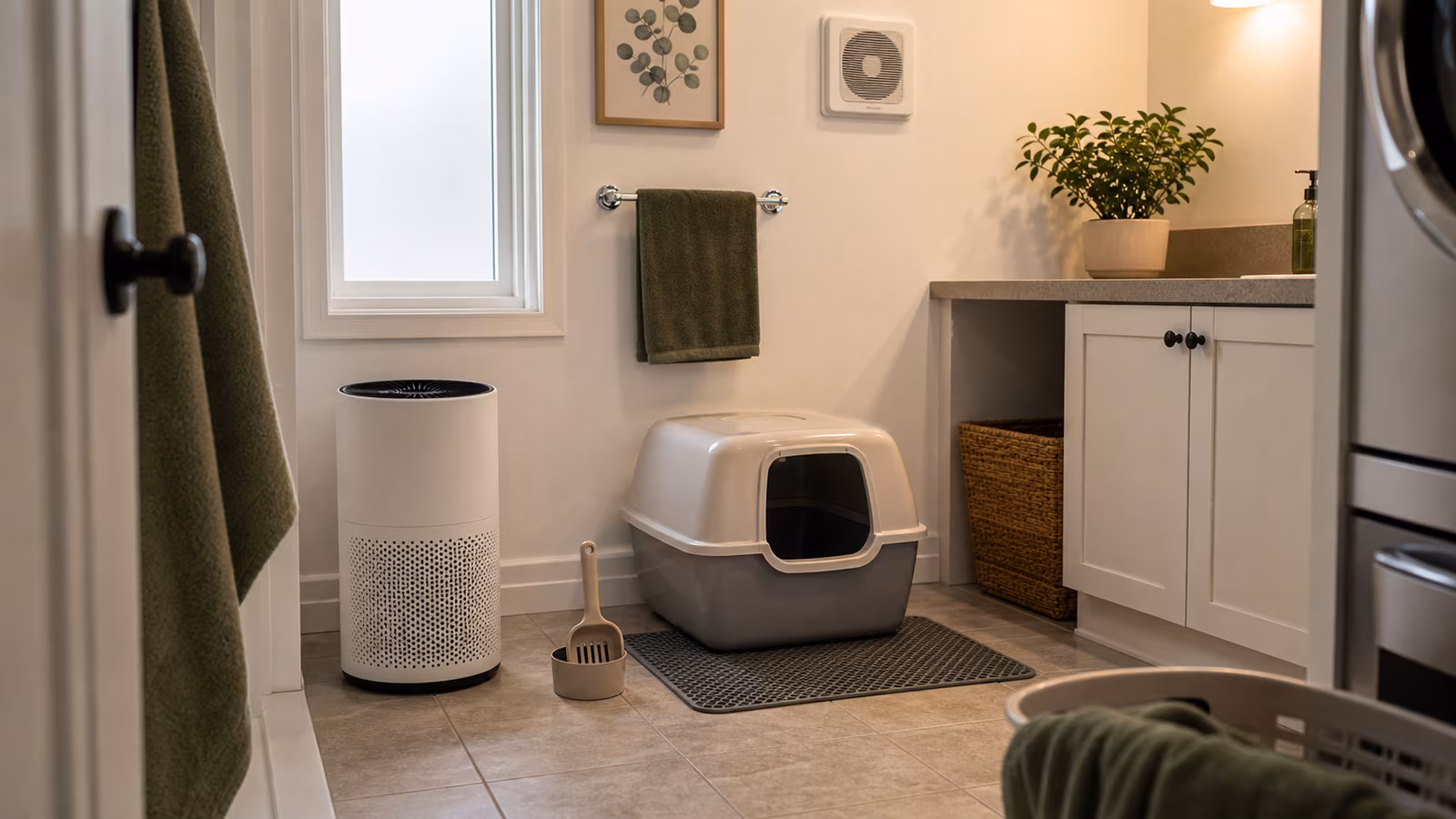 A small bathroom or laundry nook with litter box, scoop station, exhaust fan, washable mat, and purifier outside the splash zone.