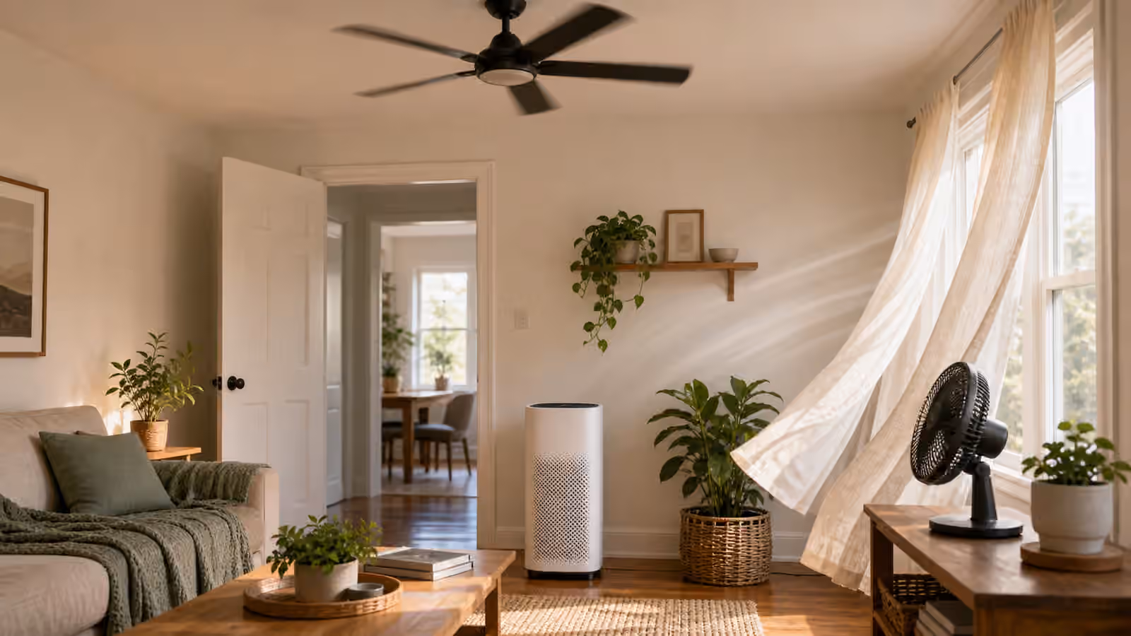 A living room with a ceiling fan, side-facing desk fan, air purifier, open door, and light curtains showing airflow.