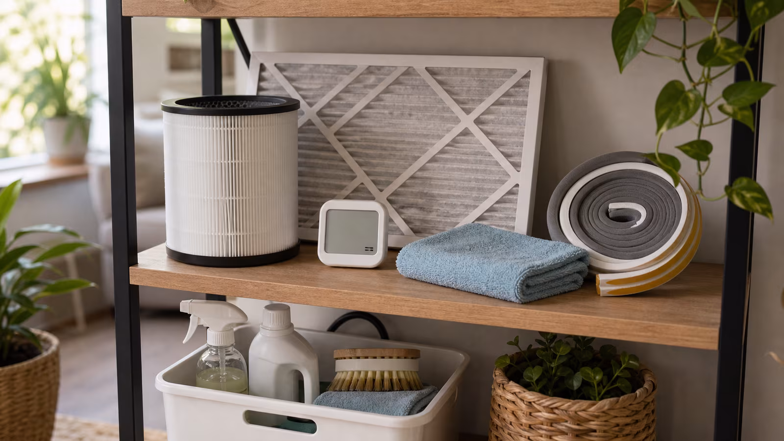 A clean-air kit box with spare purifier filter, HVAC filter, painter tape, humidity gauge, N95-style masks, notebook, and microfiber cloths.