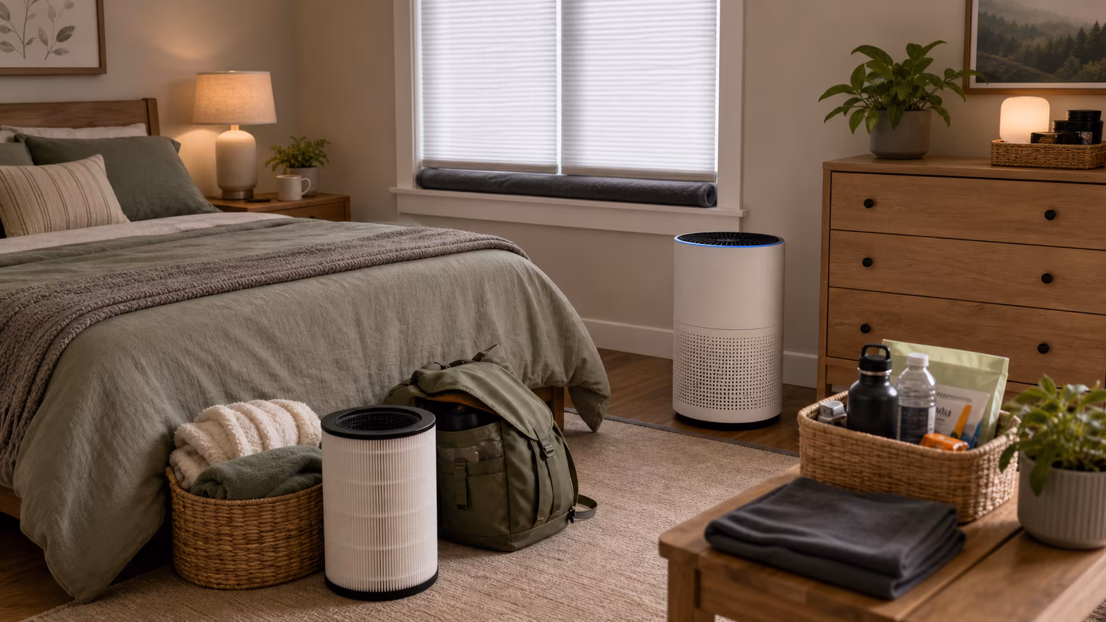 A bedroom clean-room setup with towel at door gap, purifier, closed curtains, water bottle, book, and spare filter.