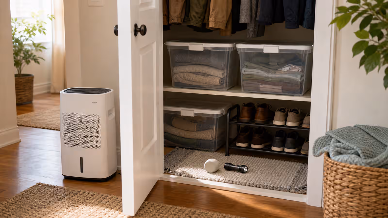 An open hallway closet with sealed storage bins, shoe rack, flashlight, blank humidity gauge, washable mat, and dehumidifier nearby.