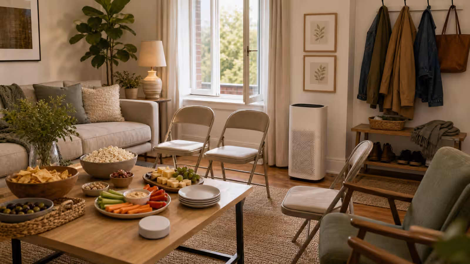 A living room set up for guests with extra chairs, snacks, open window, coats near the entry, and air purifier.