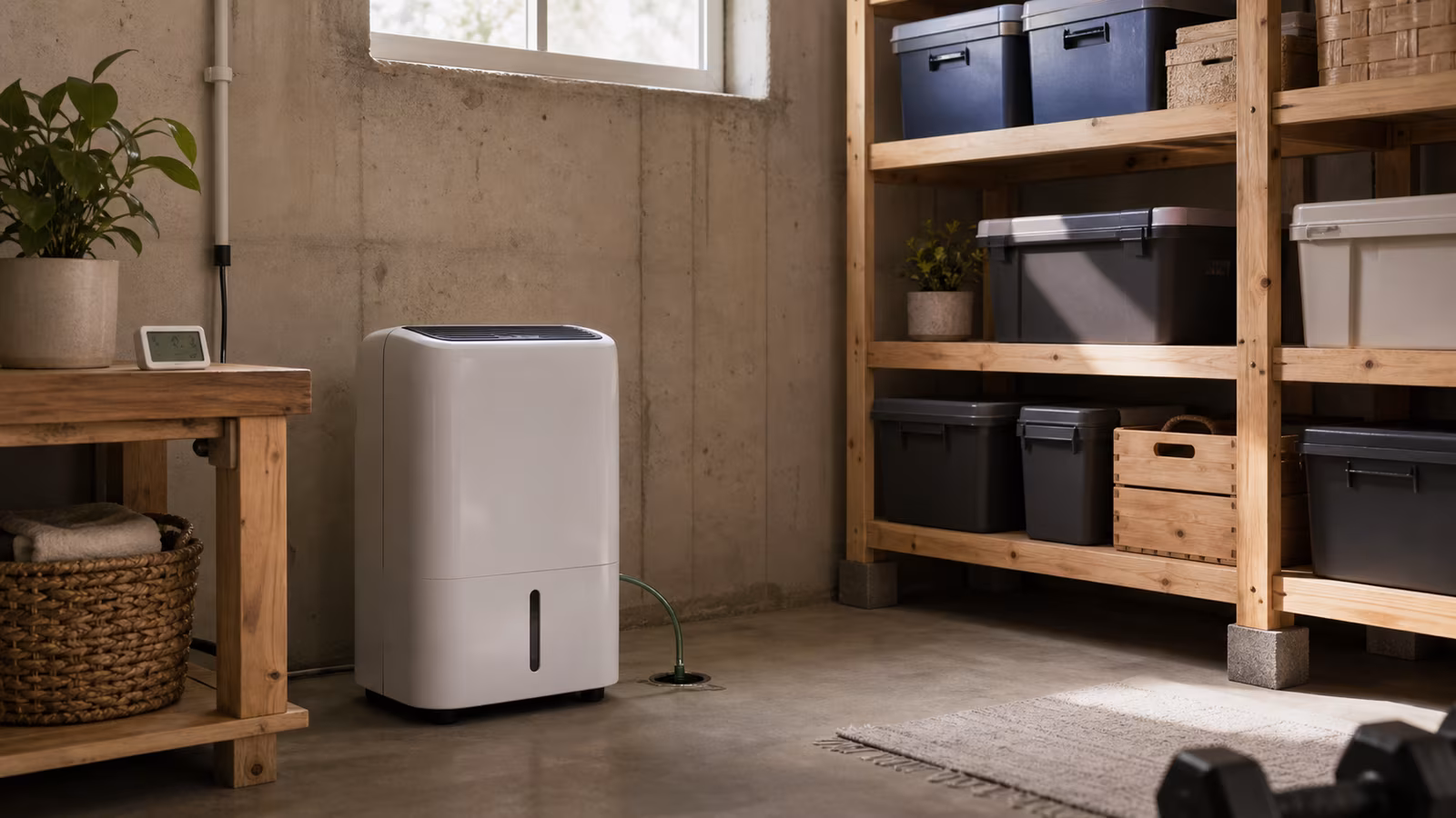A basement dehumidifier setup with drain hose, hygrometer, storage bins raised off floor, and clear wall gap.