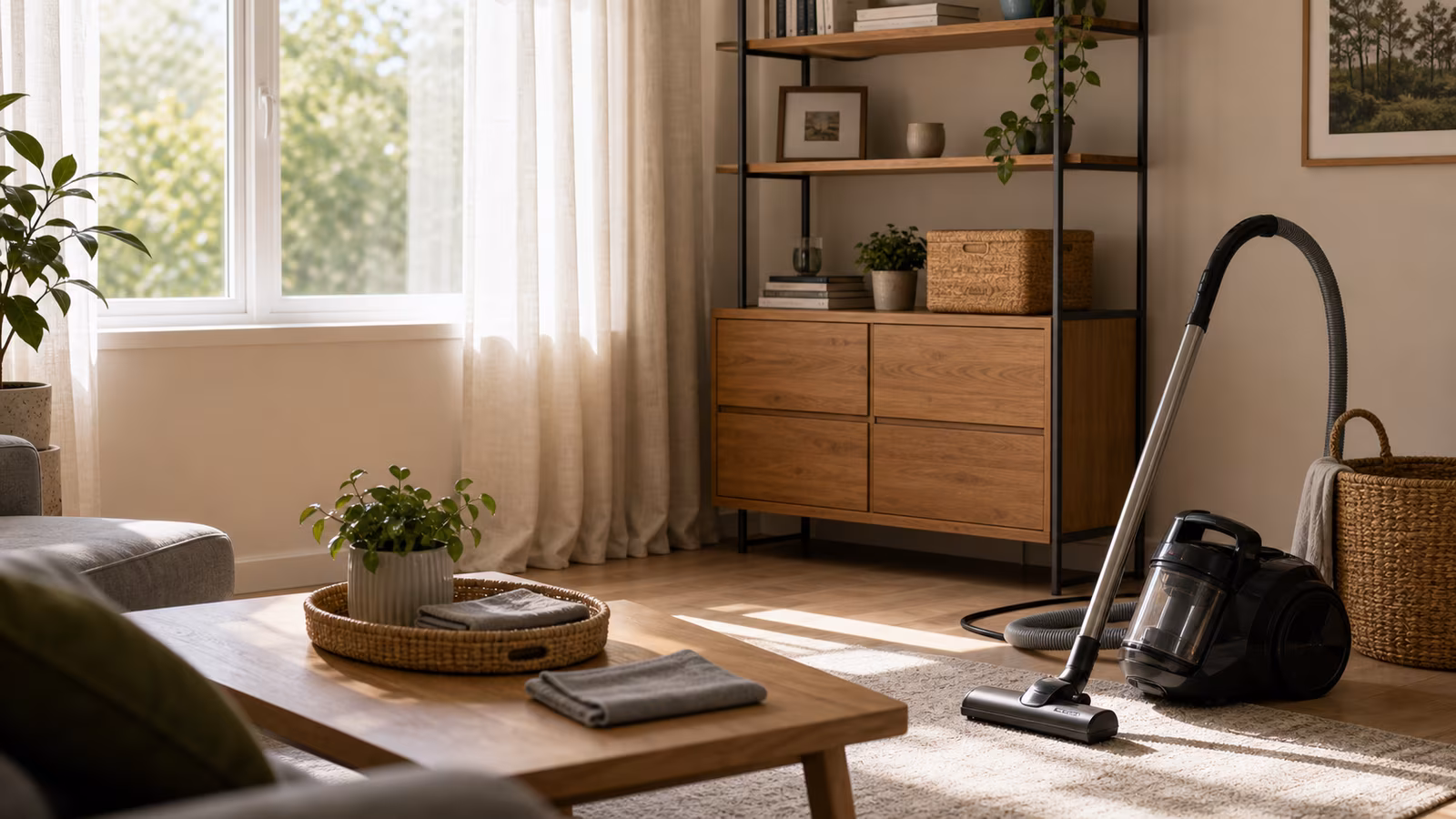A sunny room with dust visible on dark surfaces, washable rug, vacuum with HEPA-style filter, and clean HVAC return grille.